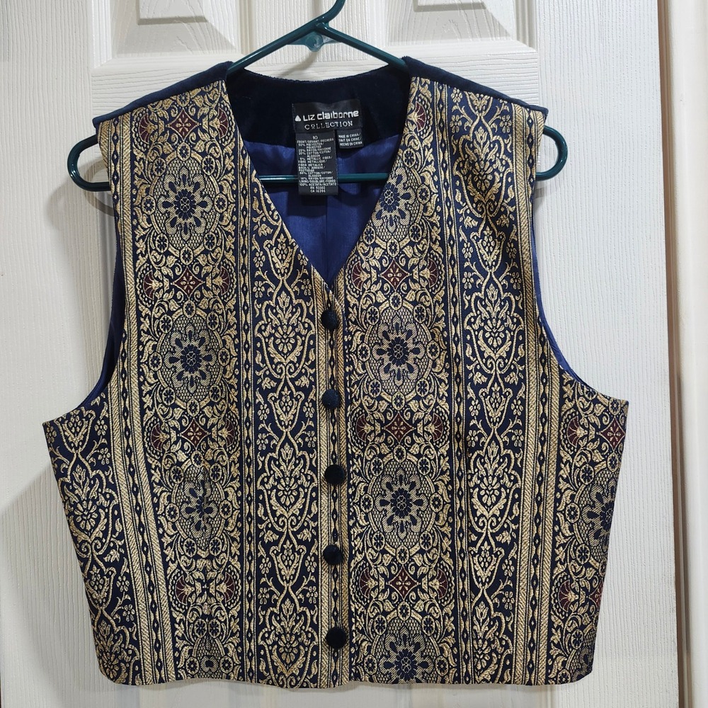 Liz Claiborne Collection Vintage Tapestry Brocade Velvet Back Vest Navy Gold 10